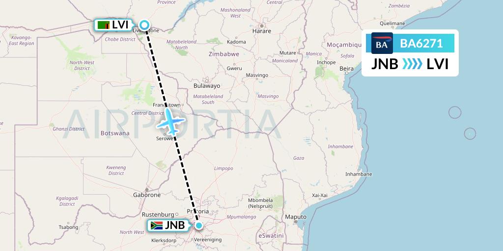 BA6271 British Airways Flight Map: Johannesburg to Livingstone