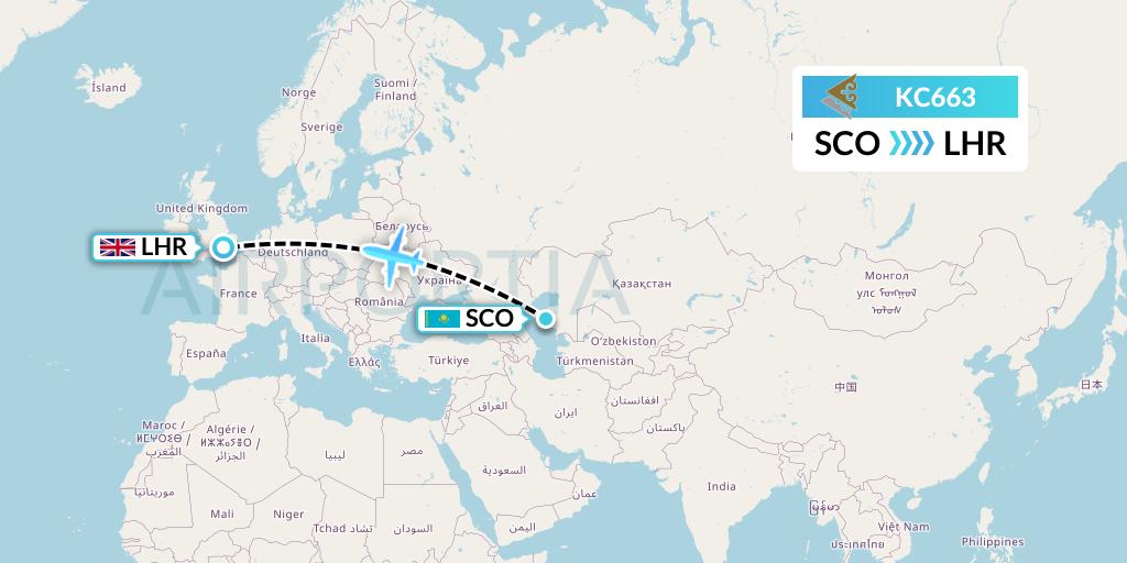 KC663 Air Astana Flight Map: Aktau to London