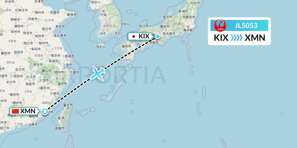 JL5053 Japan Airlines Flight Map: Osaka to Xiamen