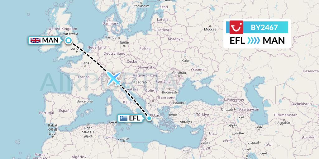 BY2467 TUI Airways Flight Map: Kefalonia to Manchester