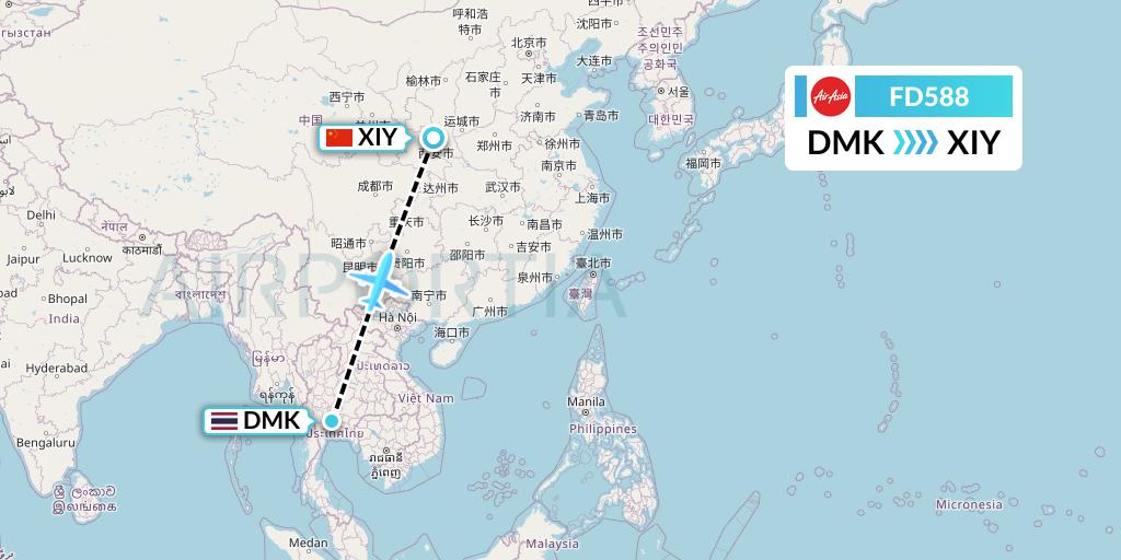 FD588 Thai AirAsia Flight Map: Bangkok to Xi'an