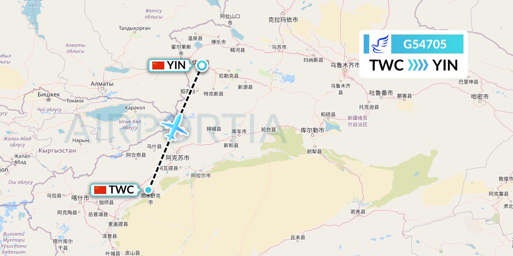 G54705 China Express Airlines Flight Map: Kashgar to Yining