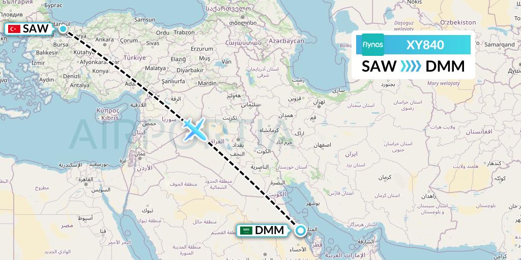 XY840 Flynas Flight Map: Istanbul to Dammam