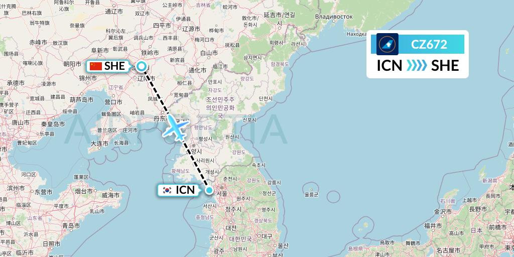 CZ672 China Southern Airlines Flight Map: Seoul to Shenyang