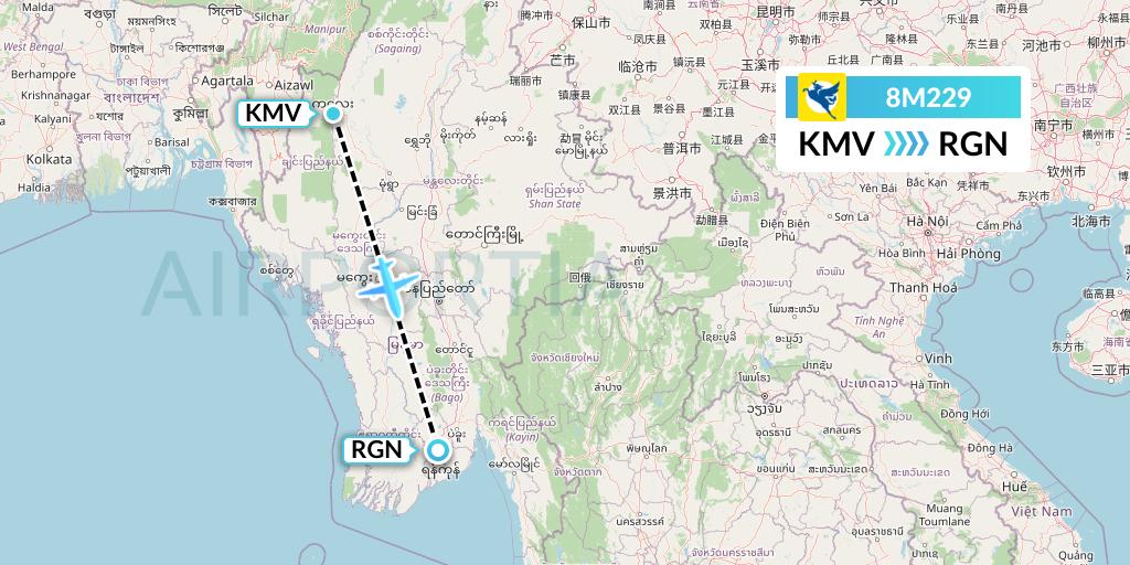 8M229 Myanmar Airways International Flight Map: Kalemyo to Yangon