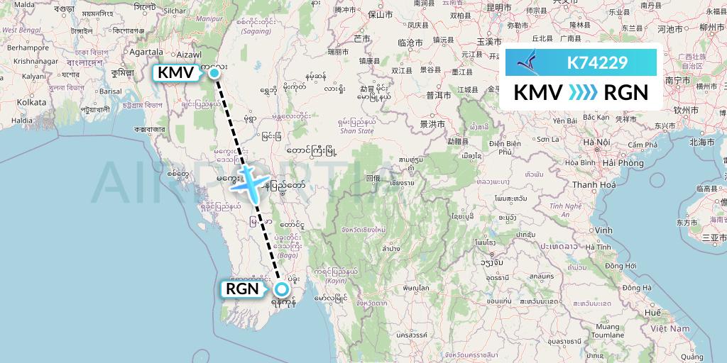 K74229 Air KBZ Flight Map: Kalemyo to Yangon
