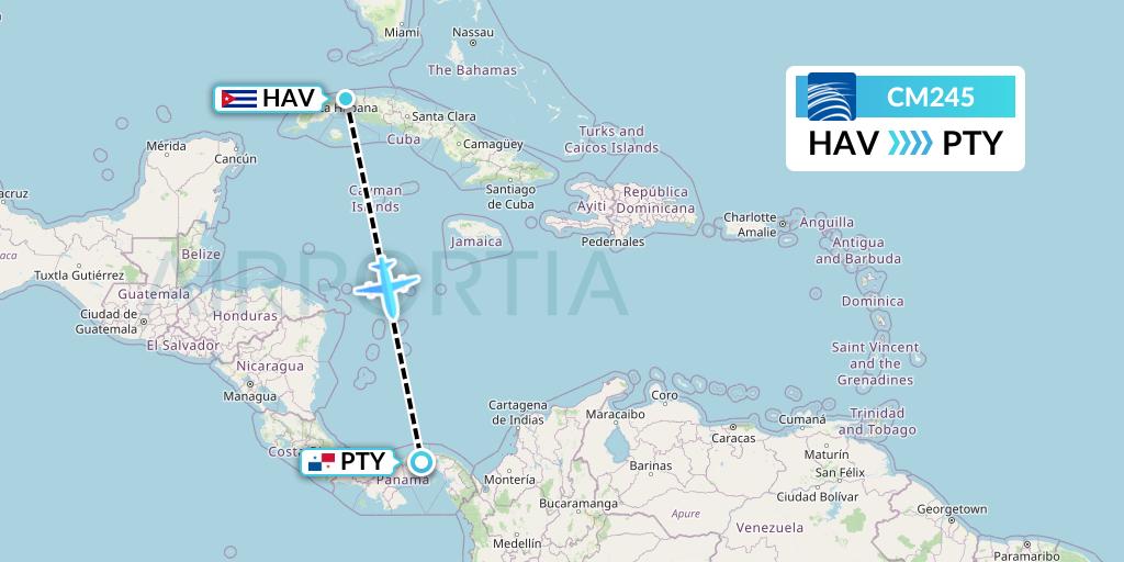 CM245 Copa Airlines Flight Map: Havana to Panama City