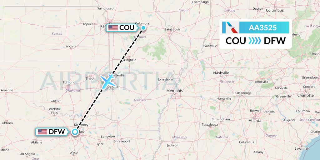 AA3525 American Airlines Flight Map: Columbia to Dallas