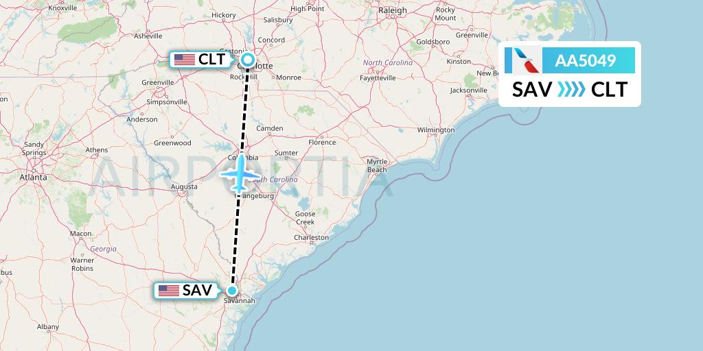 AA5049 American Airlines Flight Map: Savannah to Charlotte