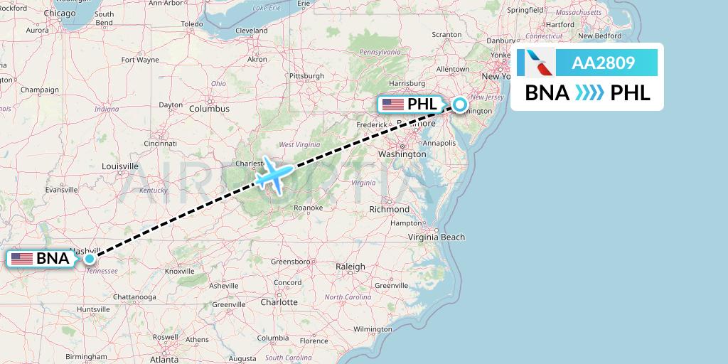 AA2809 American Airlines Flight Map: Nashville to Philadelphia