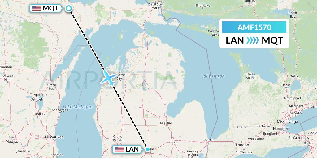 AMF1570 Ameriflight Flight Map: Lansing to Marquette