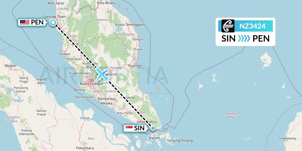 NZ3424 Air New Zealand Flight Map: Singapore to Penang
