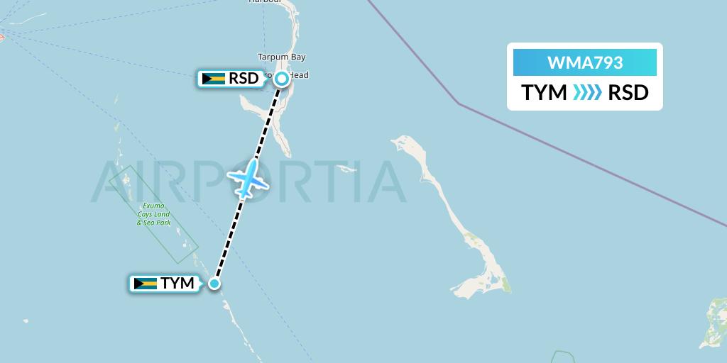 WMA793 Watermakers Air Flight Map: Bahamas to Rock Sound
