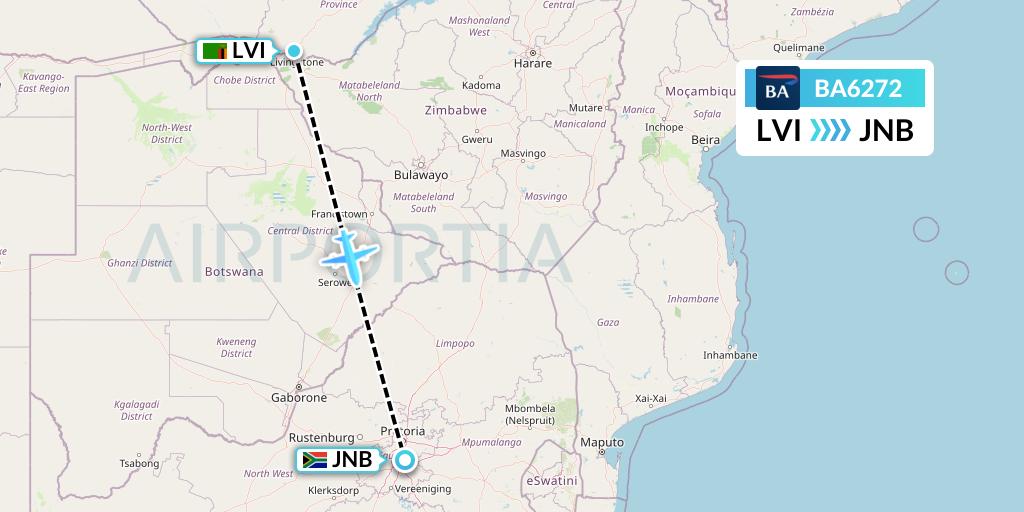 BA6272 British Airways Flight Map: Livingstone to Johannesburg