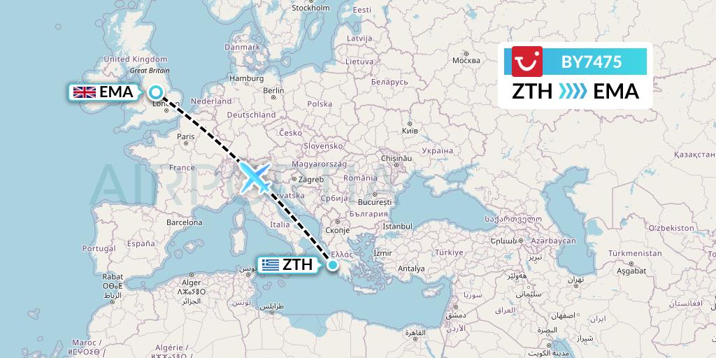 BY7475 TUI Airways Flight Map: Zakynthos to East Midlands