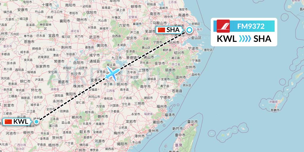 FM9372 Shanghai Airlines Flight Map: Guilin to Shanghai