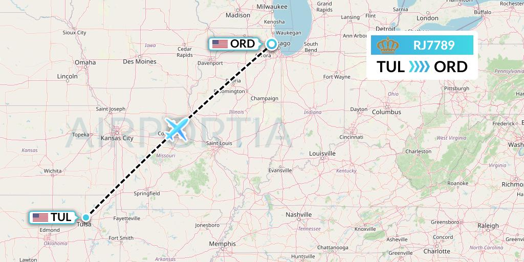 RJ7789 Royal Jordanian Flight Map: Tulsa to Chicago