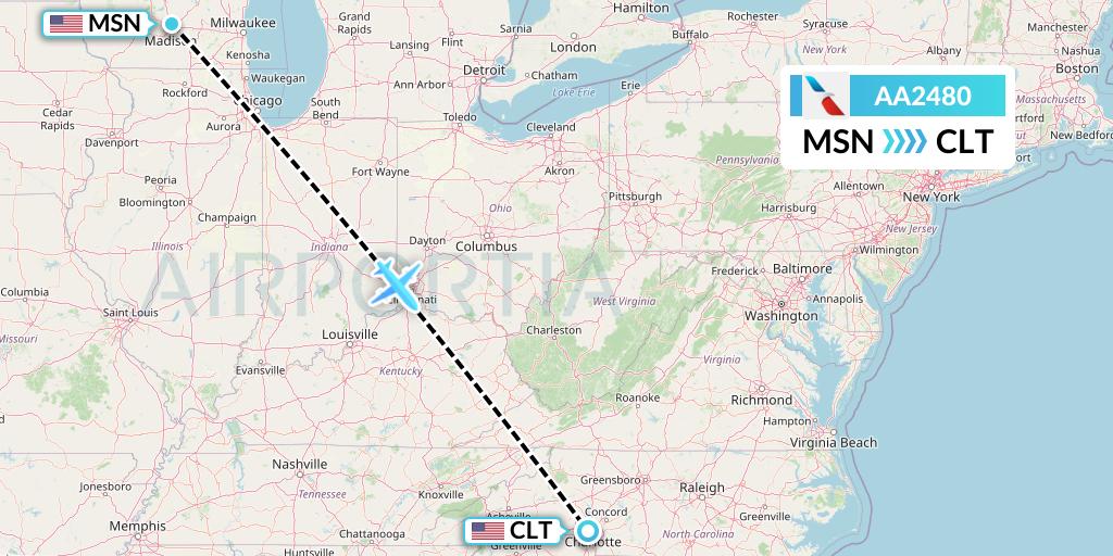 AA2480 American Airlines Flight Map: Madison to Charlotte