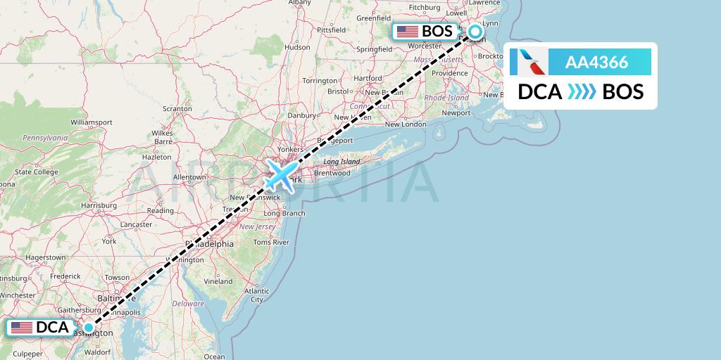 AA4366 American Airlines Flight Map: Washington to Boston