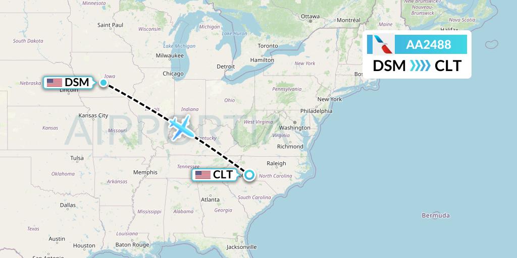 AA2488 American Airlines Flight Map: Des Moines to Charlotte
