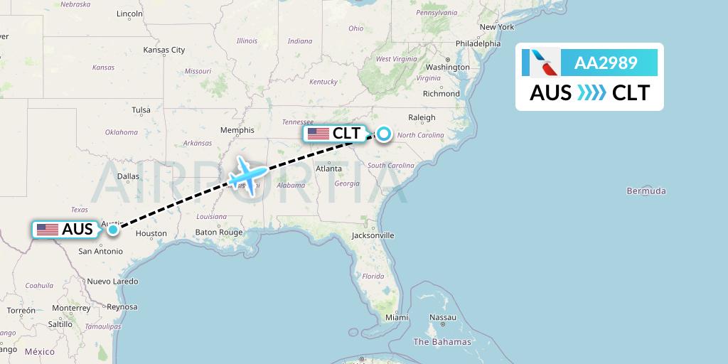 AA2989 American Airlines Flight Map: Austin to Charlotte