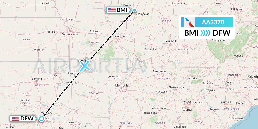 AA3370 American Airlines Flight Map: Bloomington to Dallas