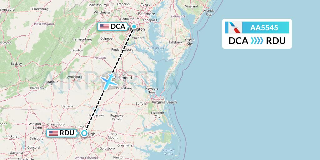 AA5545 American Airlines Flight Map: Washington to Raleigh-Durham