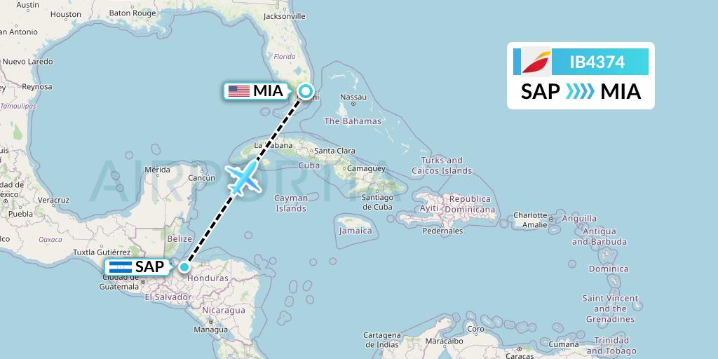 IB4374 Iberia Flight Map: San Pedro Sula to Miami