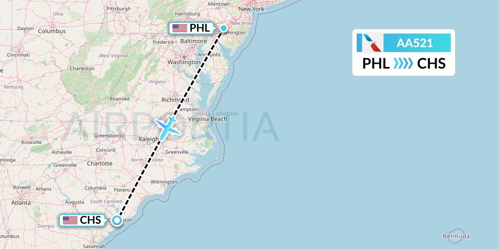 AA521 American Airlines Flight Map: Philadelphia to Charleston