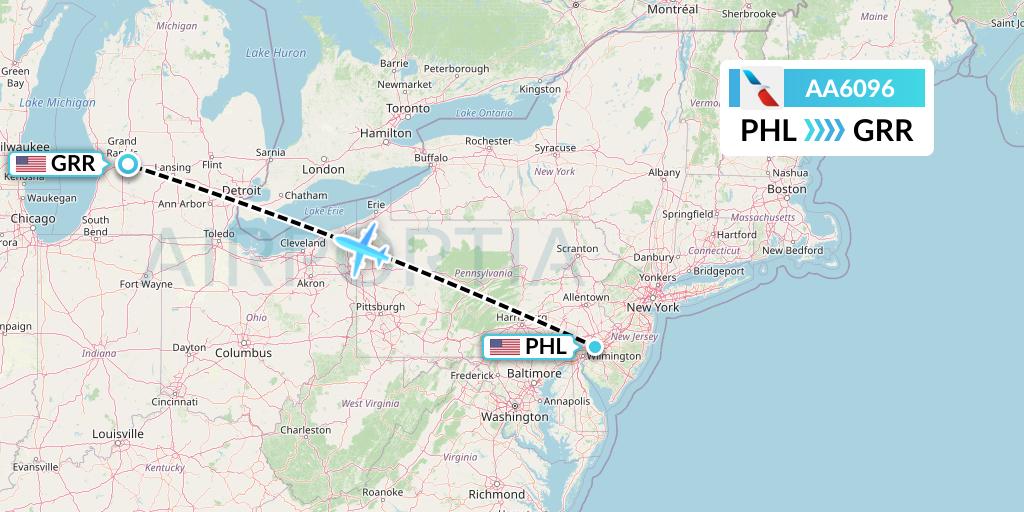 AA6096 American Airlines Flight Map: Philadelphia to Grand Rapids