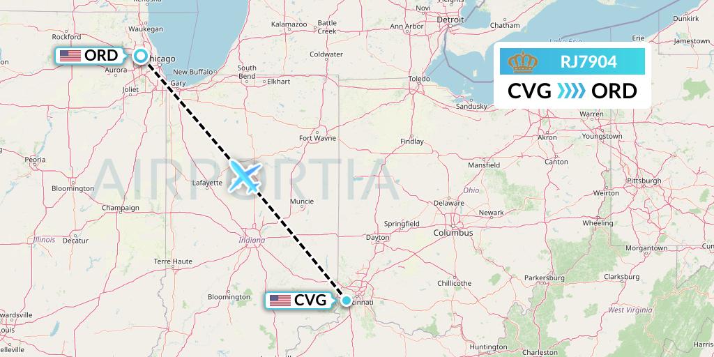 RJ7904 Royal Jordanian Flight Map: Cincinnati to Chicago