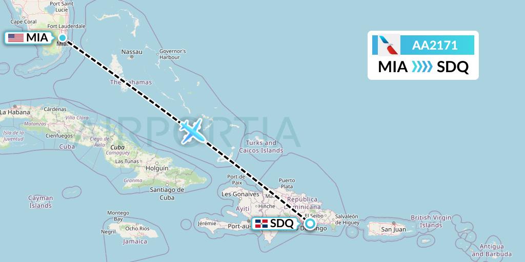 AA2171 American Airlines Flight Map: Miami to Santo Domingo