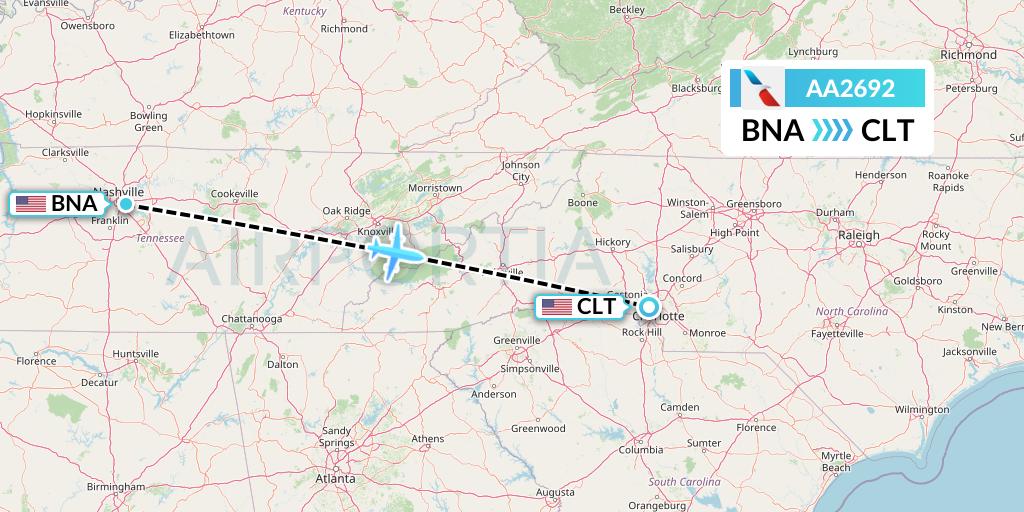 AA2692 American Airlines Flight Map: Nashville to Charlotte