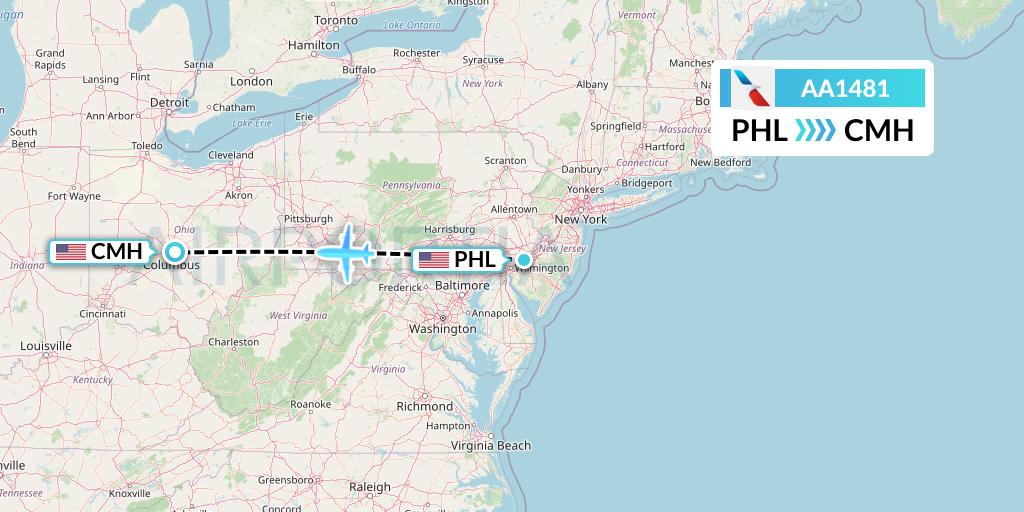 AA1481 American Airlines Flight Map: Philadelphia to Columbus