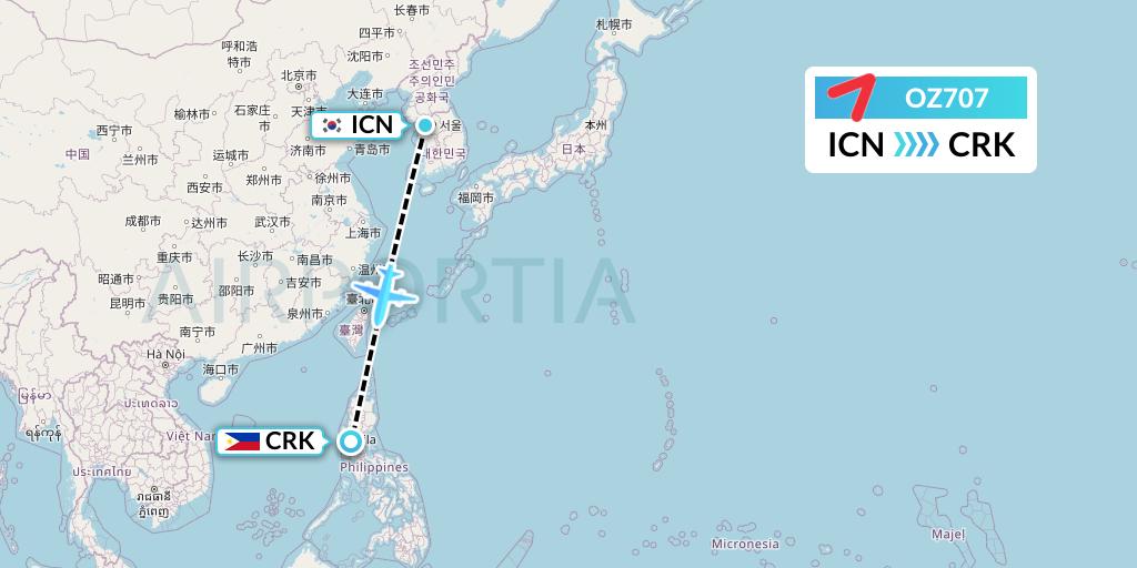 OZ707 Asiana Airlines Flight Map: Seoul to Angeles City