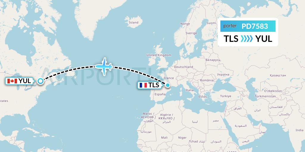 PD7583 Porter Airlines Flight Map: Toulouse to Montreal