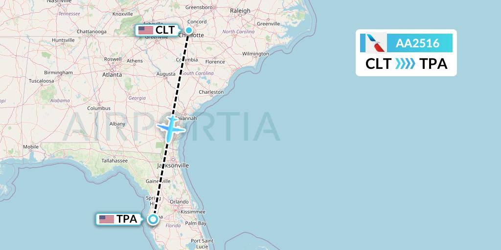 AA2516 American Airlines Flight Map: Charlotte to Tampa