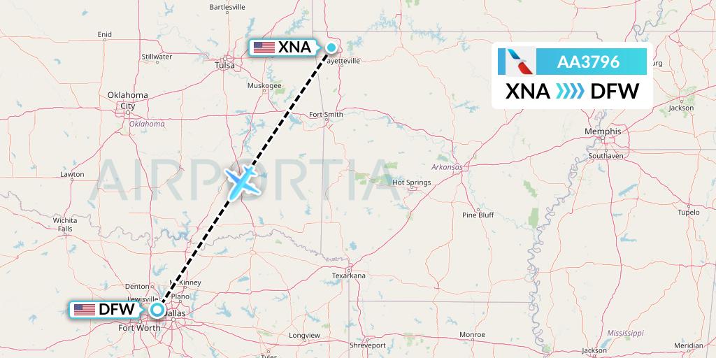 AA3796 American Airlines Flight Map: Bentonville to Dallas