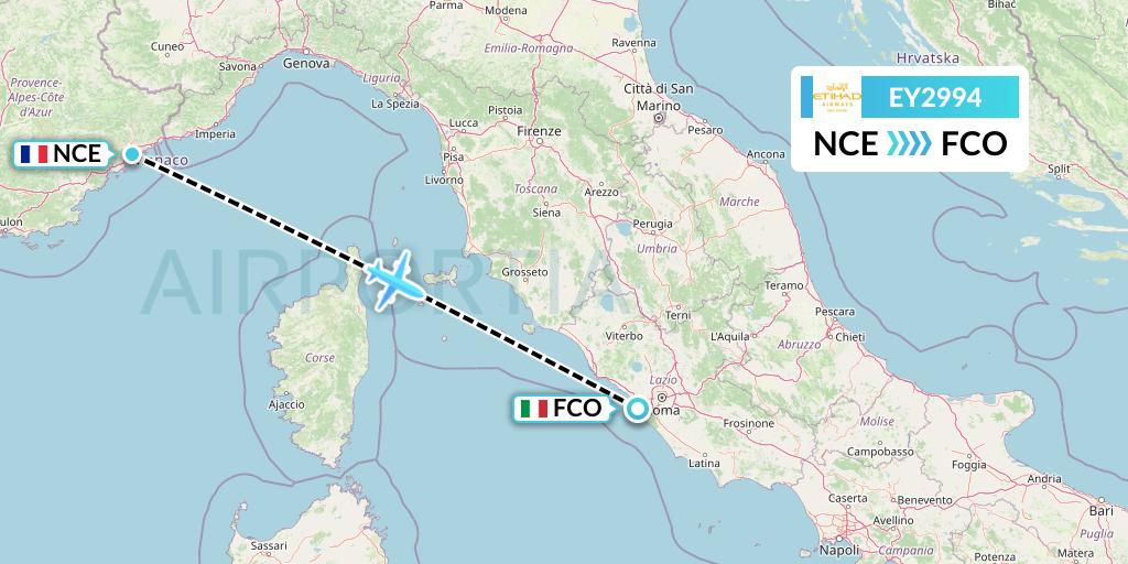 EY2994 Etihad Airways Flight Map: Nice to Rome
