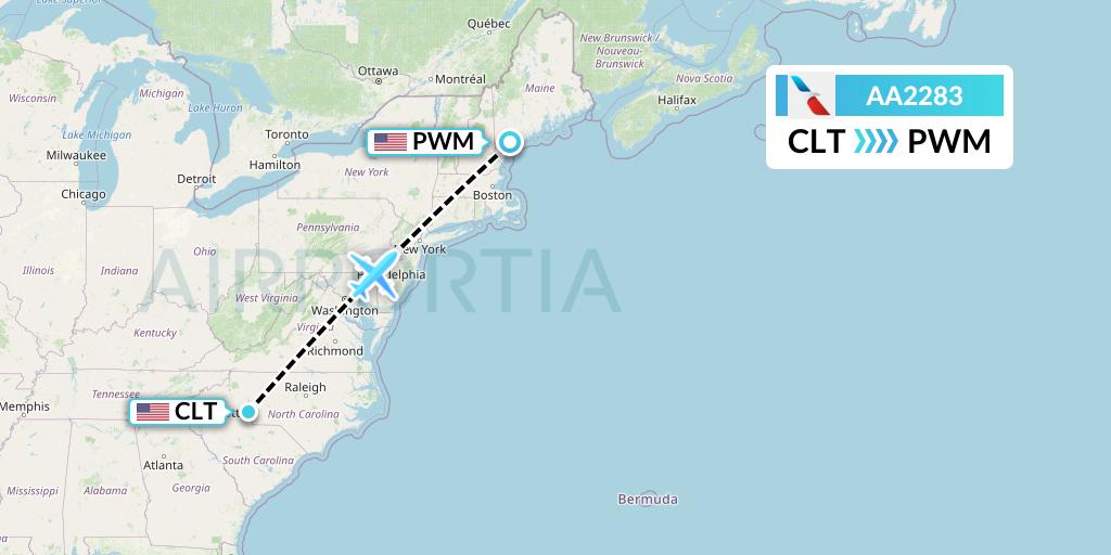 AA2283 American Airlines Flight Map: Charlotte to Portland