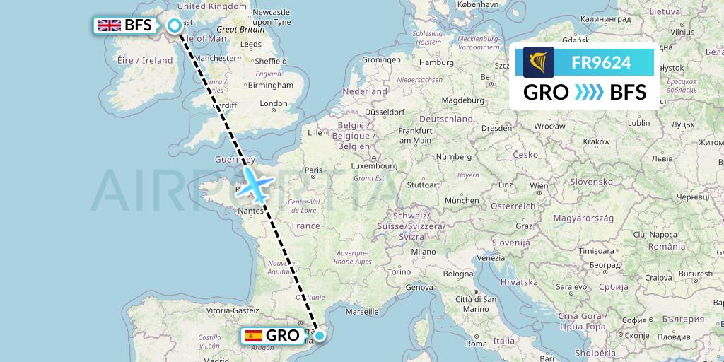 FR9624 Ryanair Flight Map: Girona to Belfast