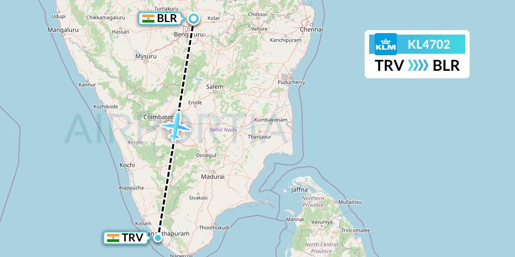 KL4702 KLM Flight Map: Thiruvananthapuram to Bangalore