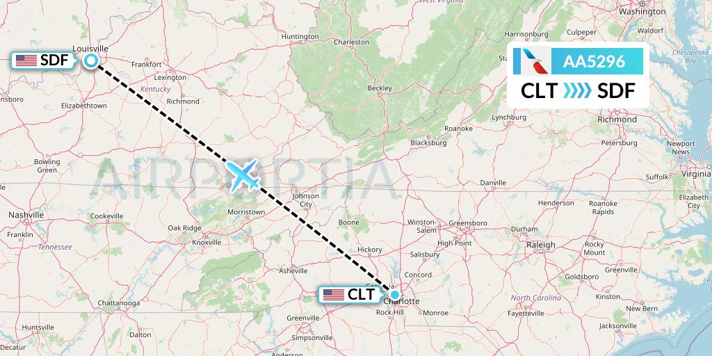 AA5296 American Airlines Flight Map: Charlotte to Louisville