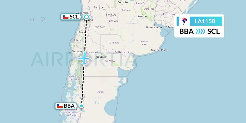 LA1150 LAN Airlines Flight Map: Balmaceda to Santiago