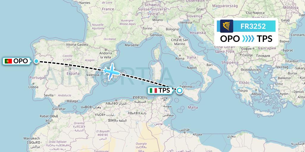 FR3252 Ryanair Flight Map: Porto to Trapani