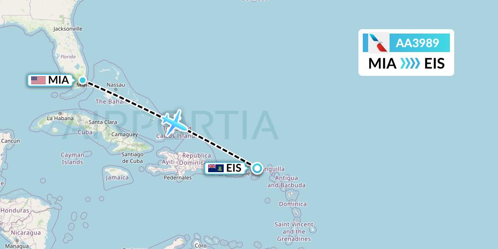 AA3989 American Airlines Flight Map: Miami to Beef Island