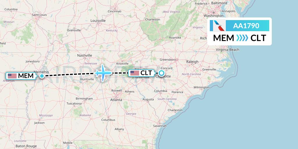 AA1790 American Airlines Flight Map: Memphis to Charlotte