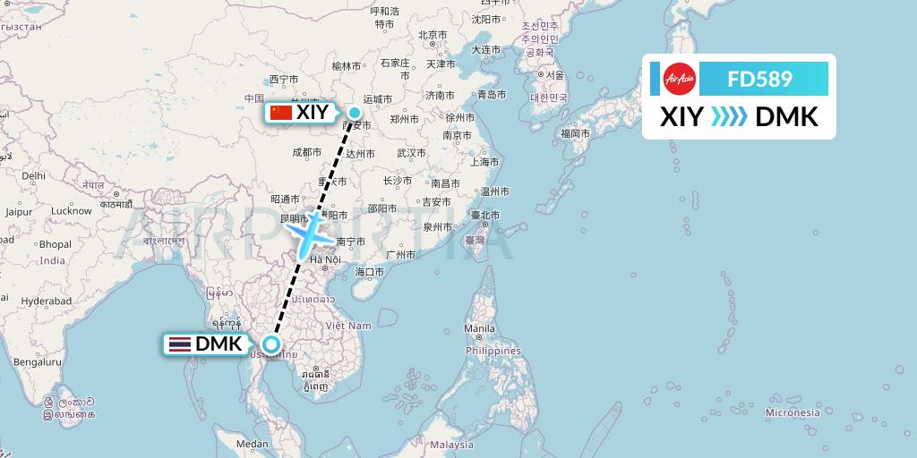 FD589 Thai AirAsia Flight Map: Xi'an to Bangkok
