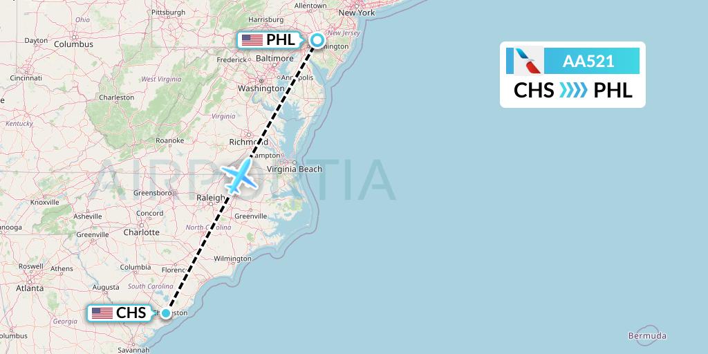 AA521 American Airlines Flight Map: Charleston to Philadelphia