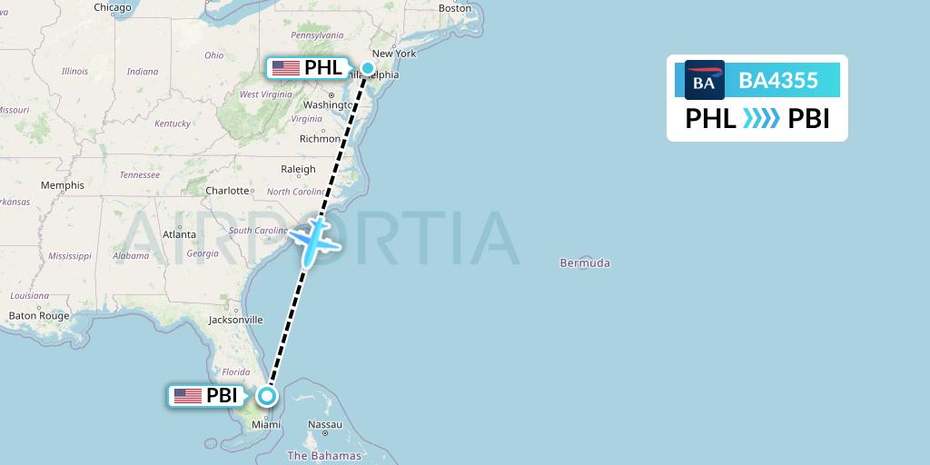 BA4355 British Airways Flight Map: Philadelphia to West Palm Beach